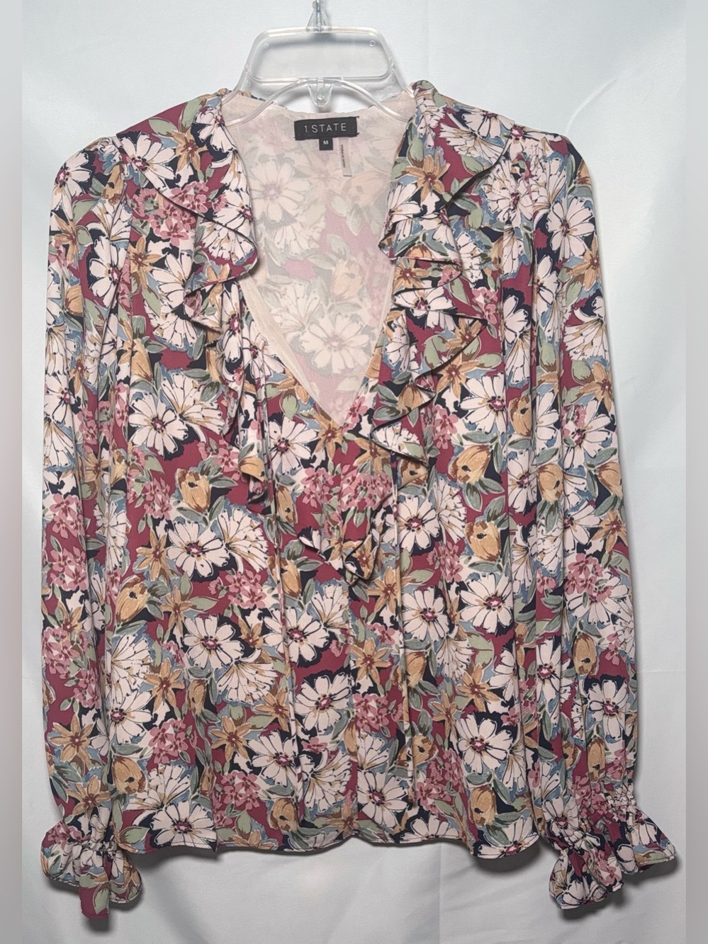 1.State Long Sleeve Floral Blouse with Ruffled Neckline